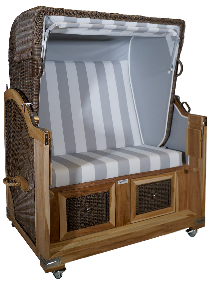 Strandkorb Teak Koboo, grau / weiß PVC, 2 Sitzer VollLiegemodell, 2.