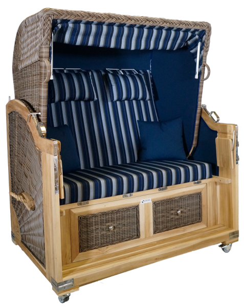 Strandkorb Teak XL blau / grau Stoff herausnehmbar 2½ Sitzer
