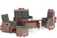 Lounge-Comfort-Gruppe "Roseville" 2 Sessel, 1 Sofa, 1 Hocker, 1 Dining-Tisch
Aluminiumgestell / 
Kunststoffgeflecht grey-white
 incl. Kissen, verstellbare Rückenlehnen