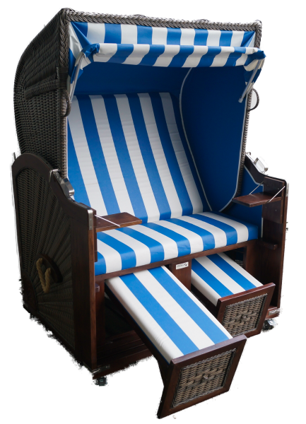 Strandkorb Mahagoni blau / weiß PVC 2 Sitzer Voll-Liegemodell